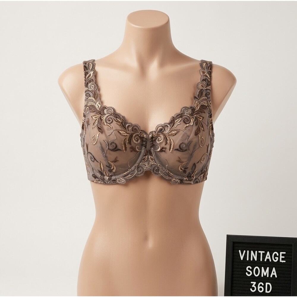 Vintage Soma Sensuous Lace Bra 36D Enamel Brown Sheer Embroidered Unlined